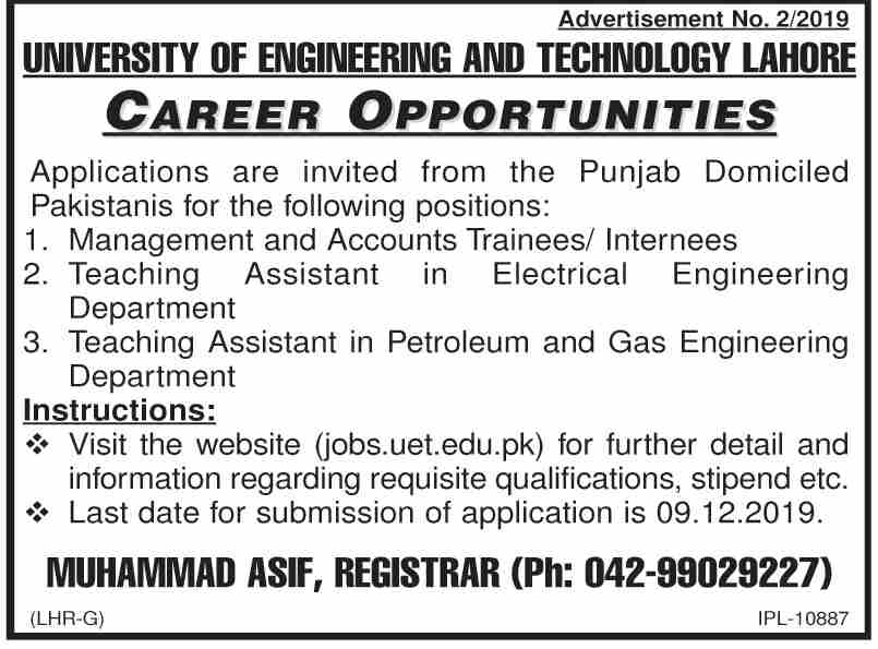 Accounts Trainee,Teaching Assistant Jobs In Lahore 
