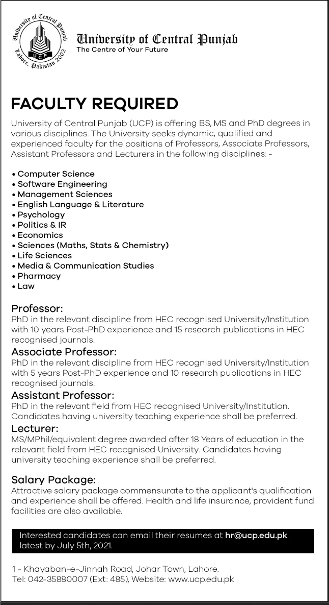 Assistant Professor Jobs in University of Central Punjab (UCP)  Lahore.