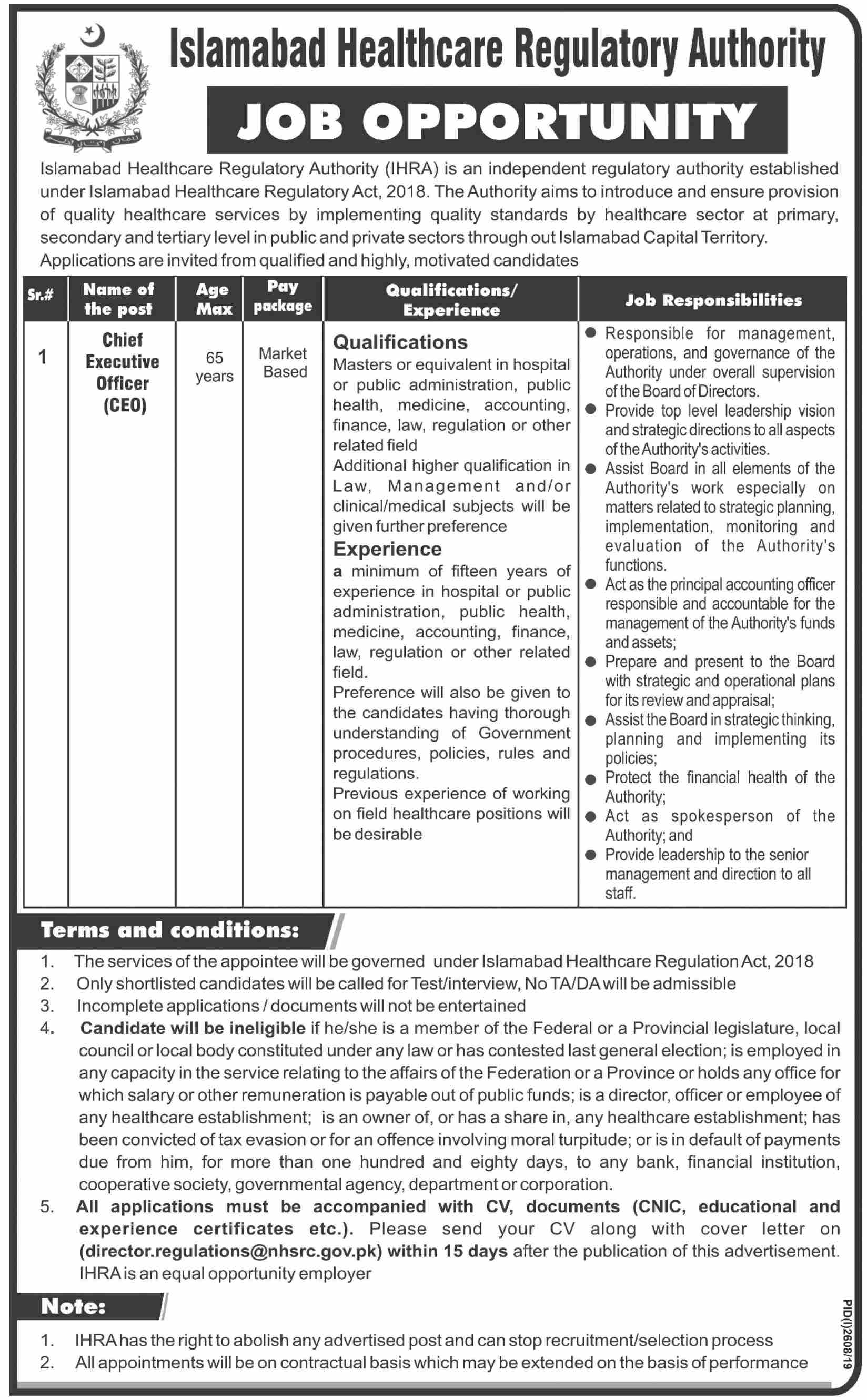 Ceo Jobs In  Islamabad Healthcare Regulatory Authority Islamabad