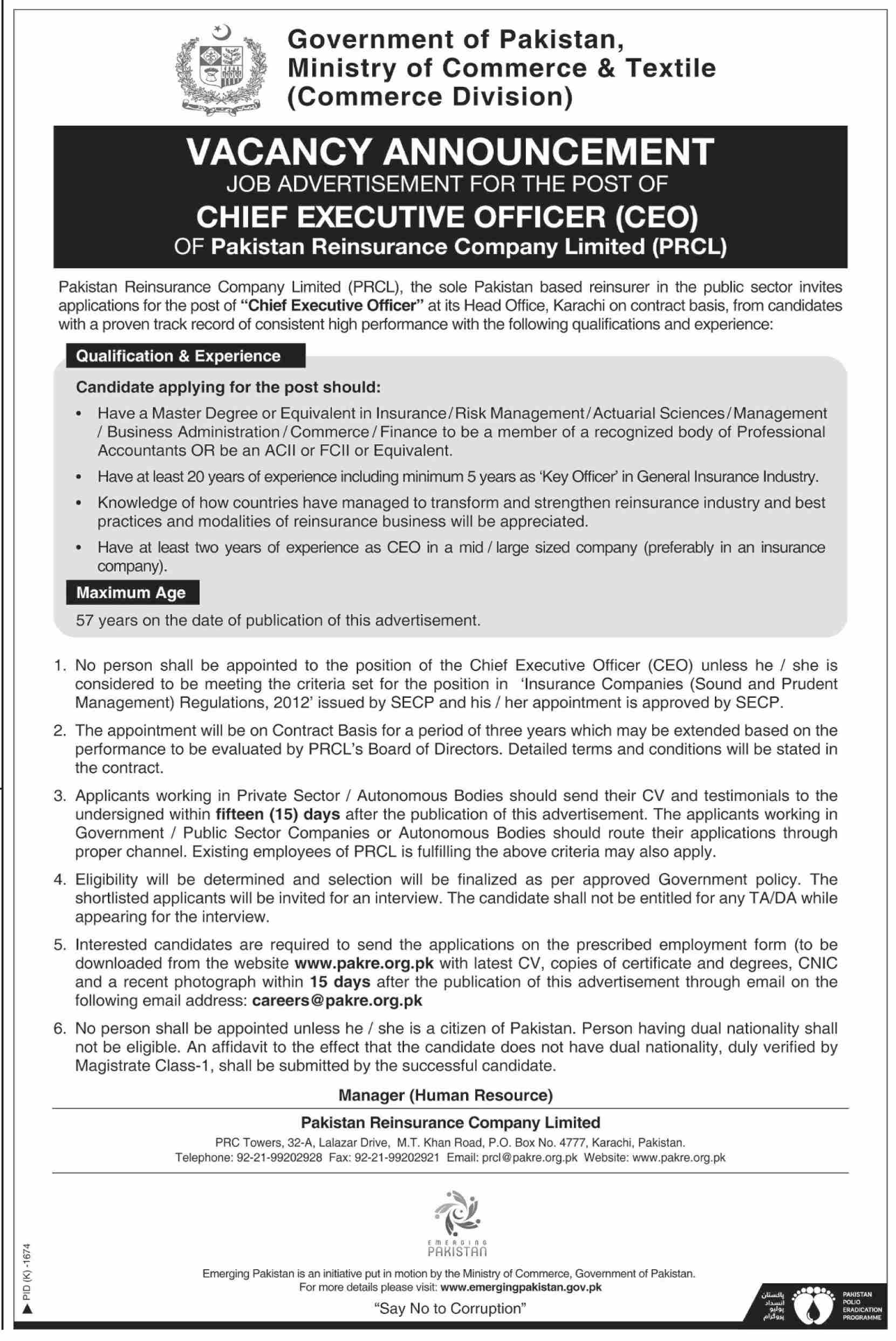 Chief Executive Officer Job In Ministry Of Commerce & Textile Karachi