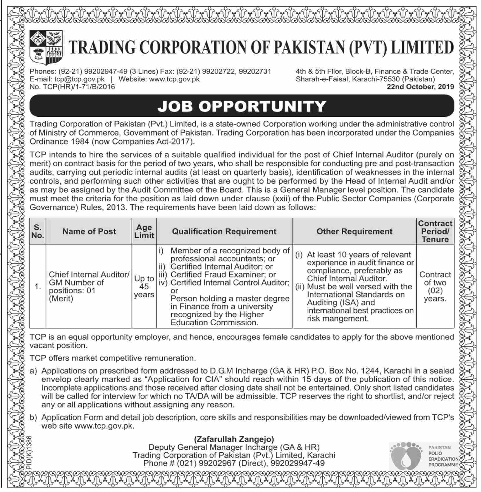 Chief Internal Auditor Job In Trading Corporation Of Pakistan Private Limited  Karachi