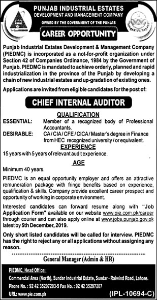 Chief Internal Auditor Jobs  In Punjab Industrial Estates Development & Management Company Lahore