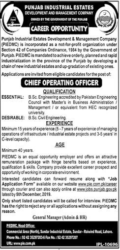 Chief Operating Officer Jobs In Punjab Industrial Estates Development & Management Company Lahore