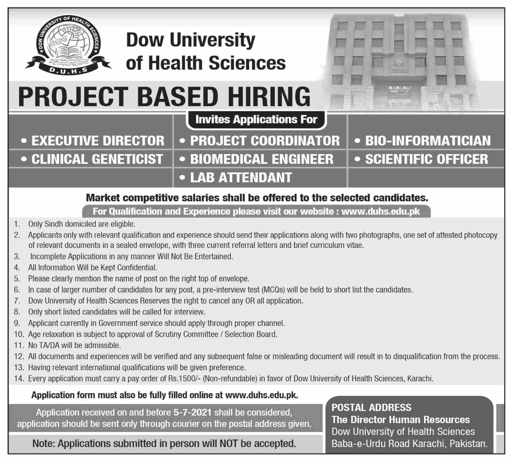 Clinical Geneticist Jobs in Dow University of Health Sciences 2021 in Karachi.