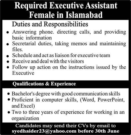 Executive Assistant Female Required in Islamabad 2019