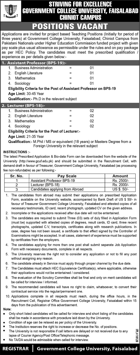 Government College University GCU Offering Jobs In Faisalabad