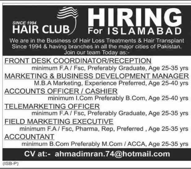 Hair Club  Islamabad Offering Jobs 2019