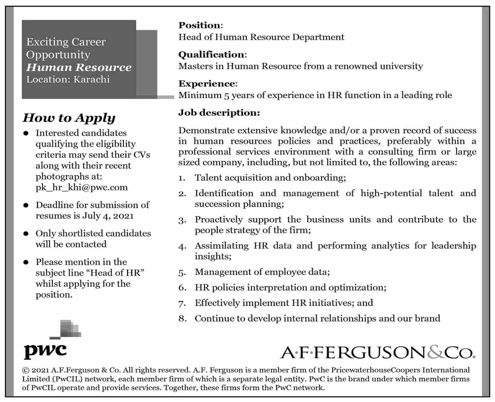 Head Of Human Resource Department Jobs in A F Ferguson & Company Karachi 2021