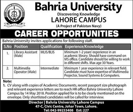 Jobs in Bahria University Lahore 06 May 2018