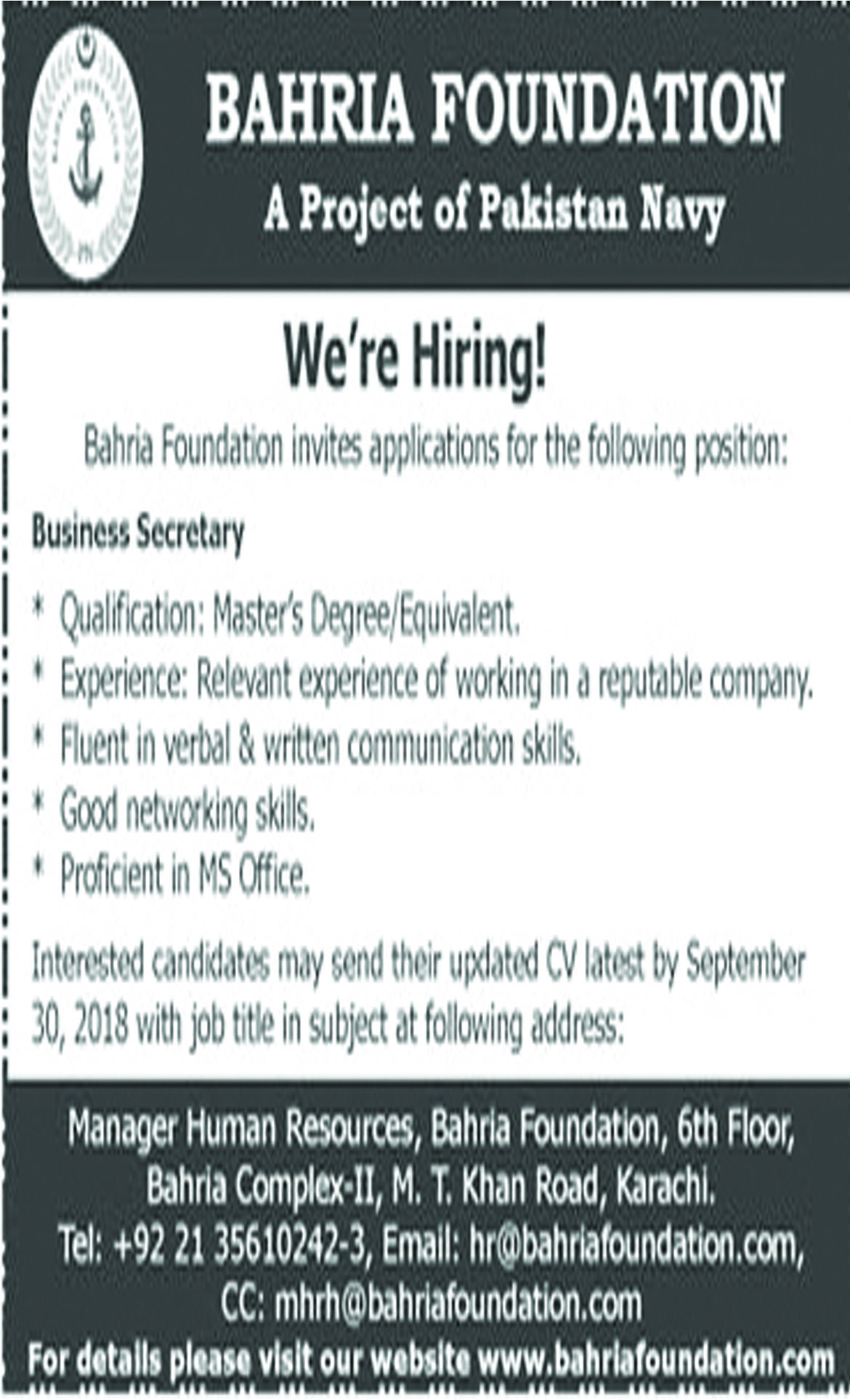 Jobs In Business Secretary Required In Bahria Foundation 24 Sep 2018
