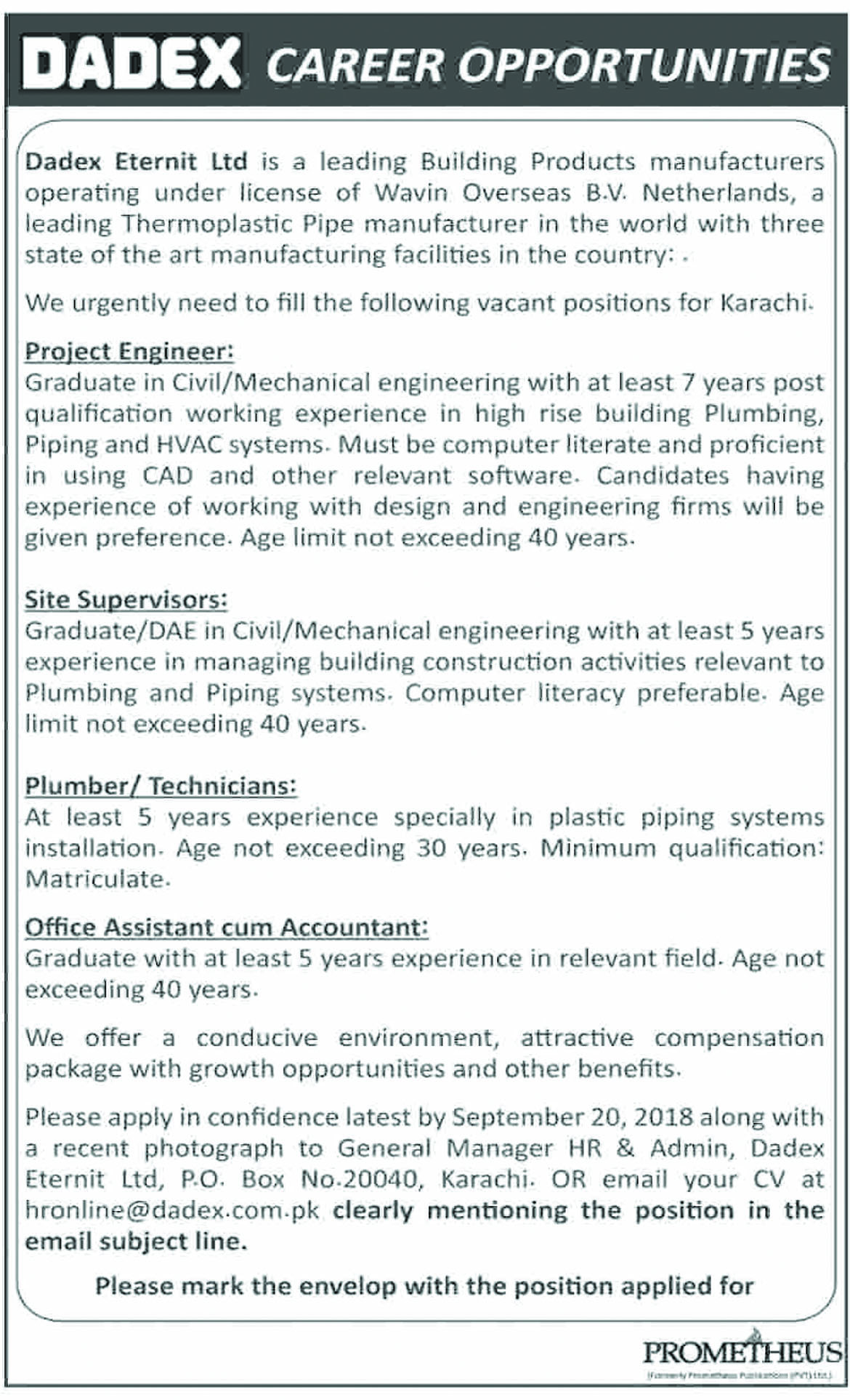 Jobs In Dadex Eternit Limited 10 Sep 2018