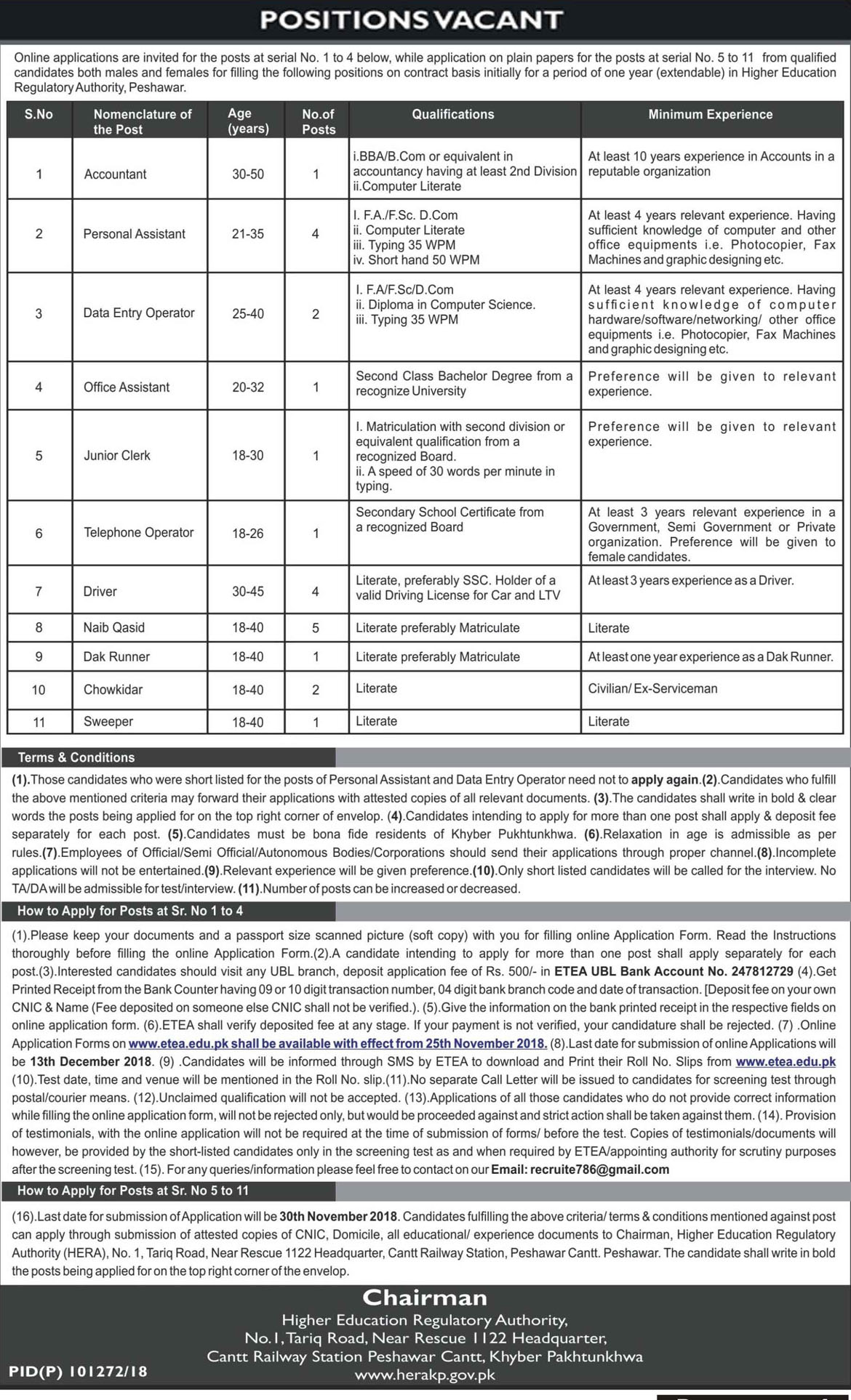 Jobs In Higher Education Regulatory Authority Peshawar 15 Nov 2018