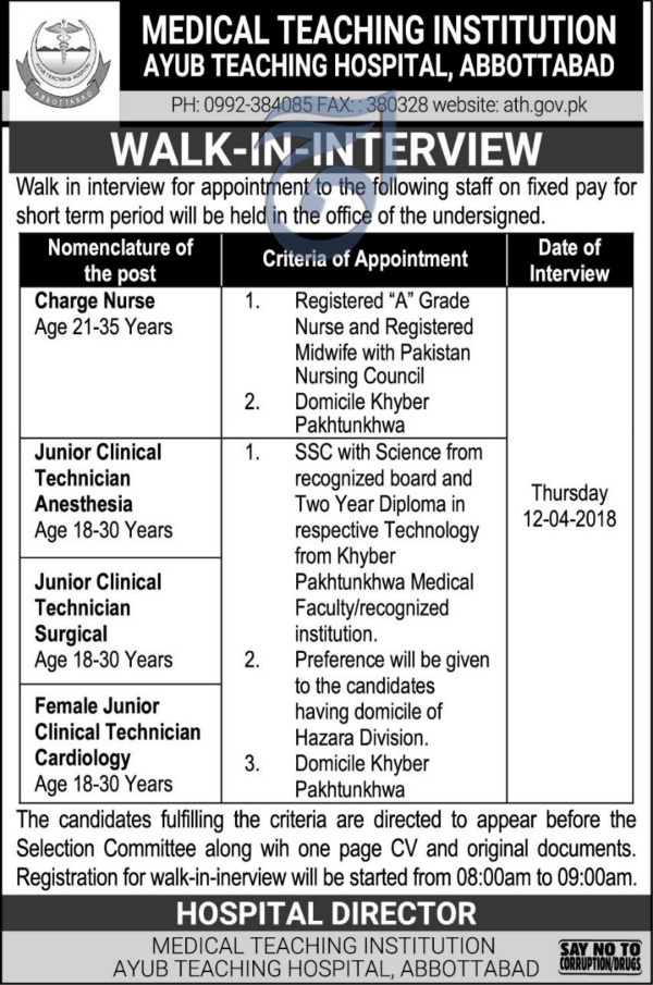Jobs in Medical Teaching Institute Abbottabad 11 April 2018