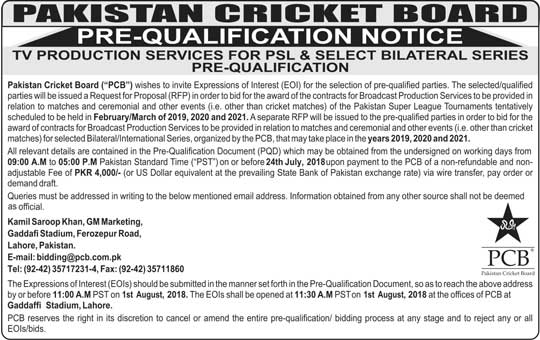 Jobs in Pakistan Cricket Board 25 June 2018