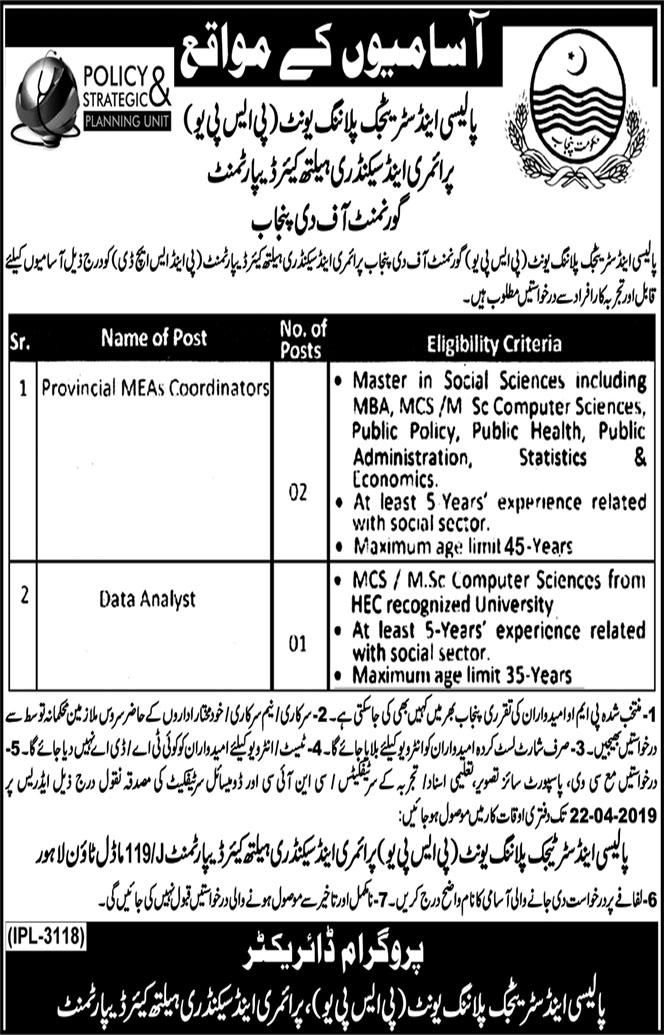 Jobs in Policy and Strategic Planning Unit Lahore