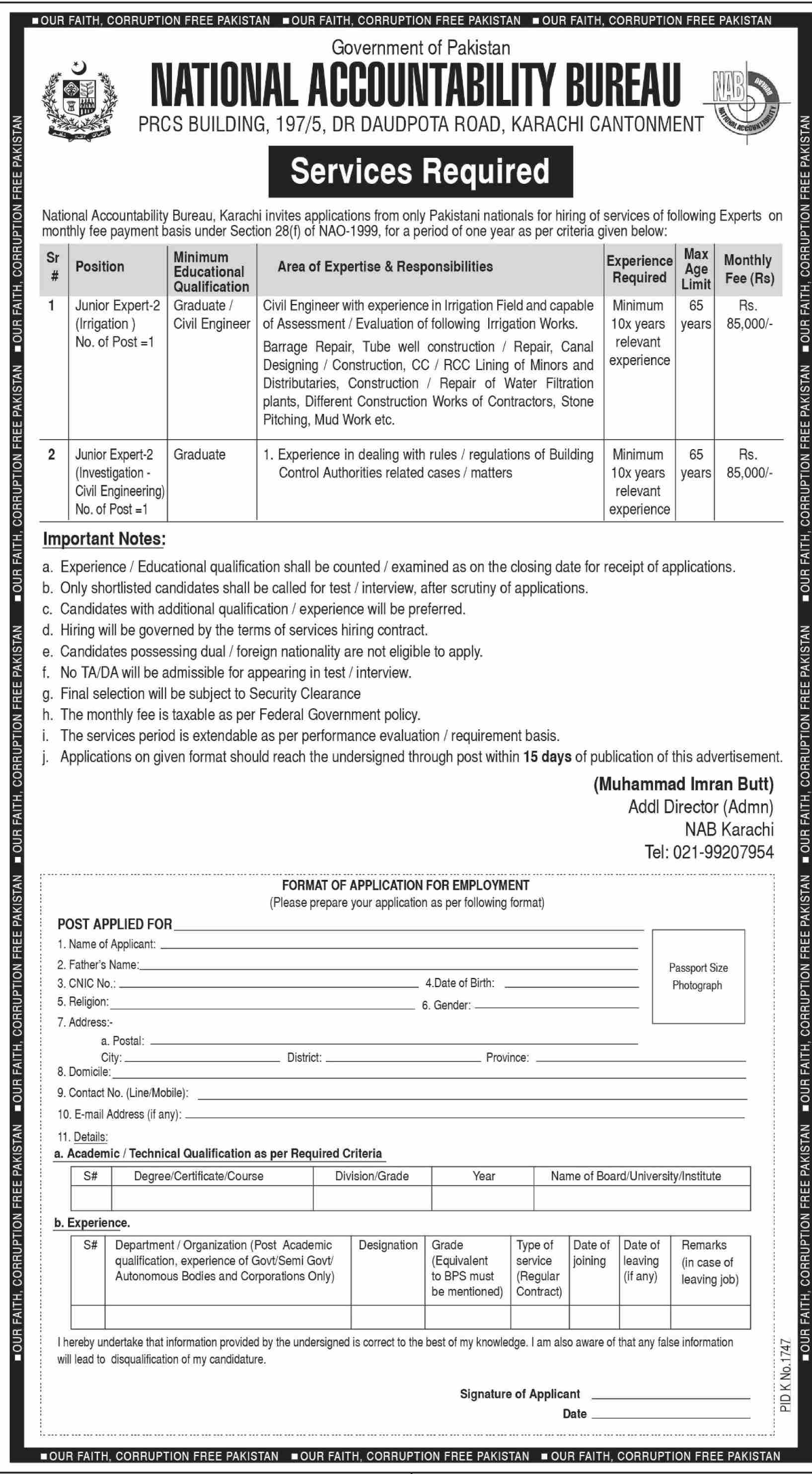 Junior Expert Investigation Civil Engineering Jobs In National Accountability Bureau NAB Karachi