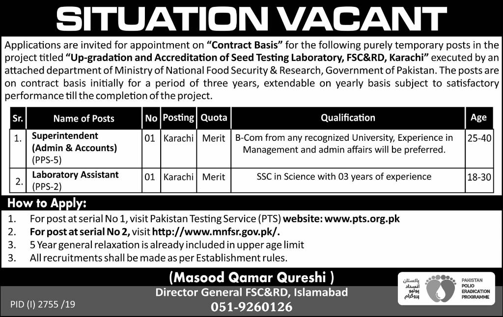Laboratory Assistant,Superintendent Jobs In Ministry of National Food Security & Research Karachi