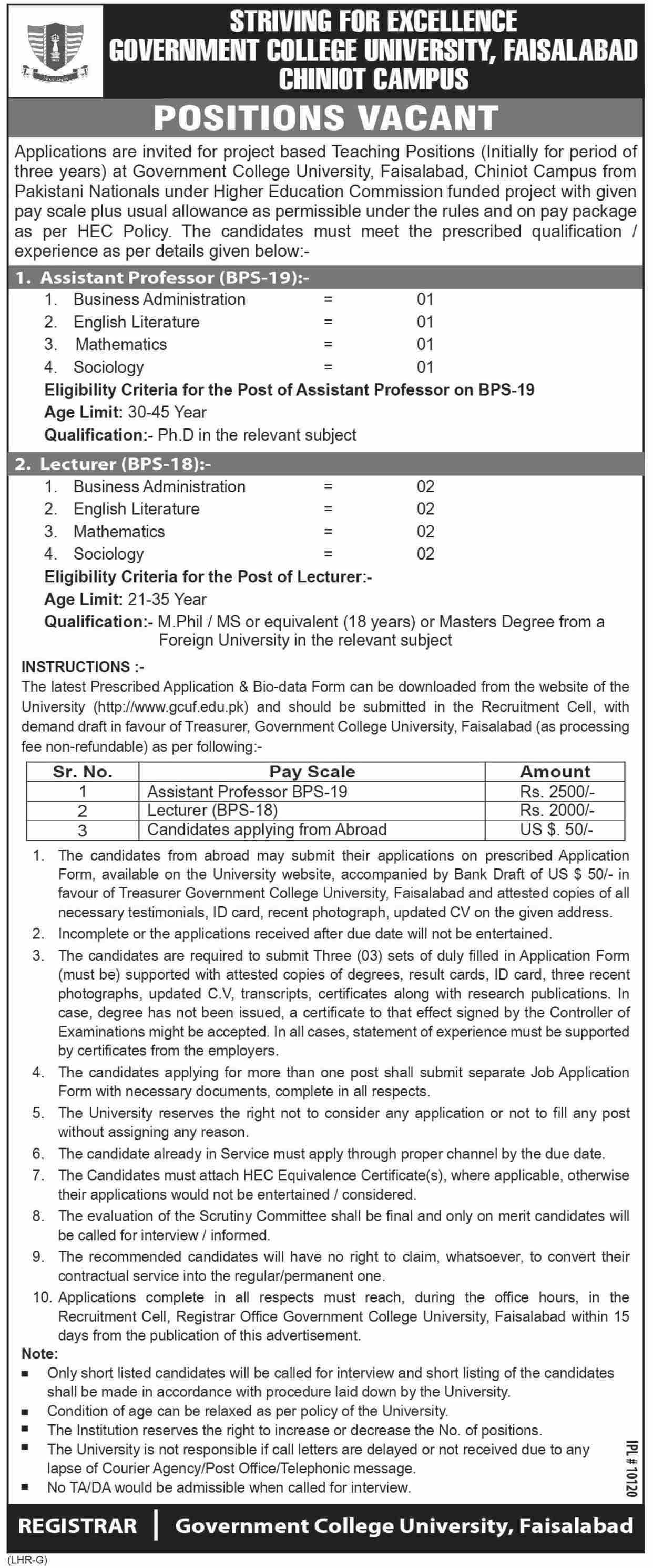 Lecturer Job In Government College University Faisalabad