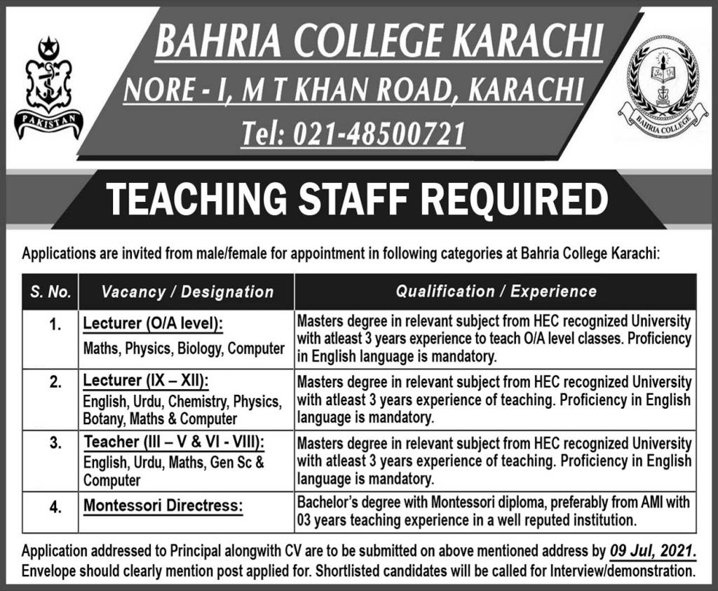 Lecturer new Jobs in Bahria College Karachi 2021