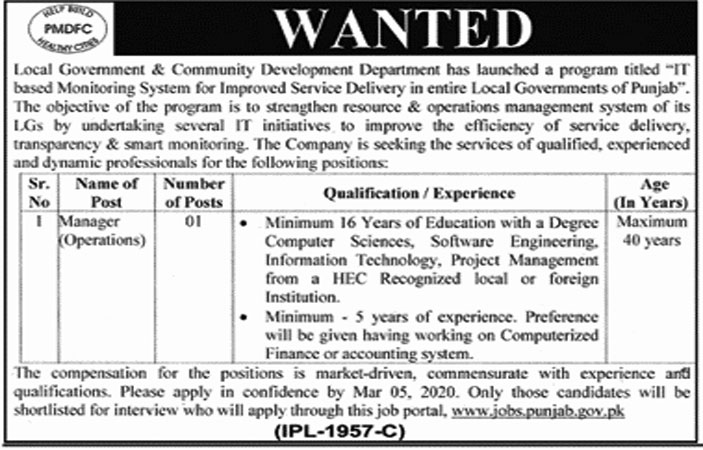 Manager Operation jobs in Local Government & Community Development Department Lahore,