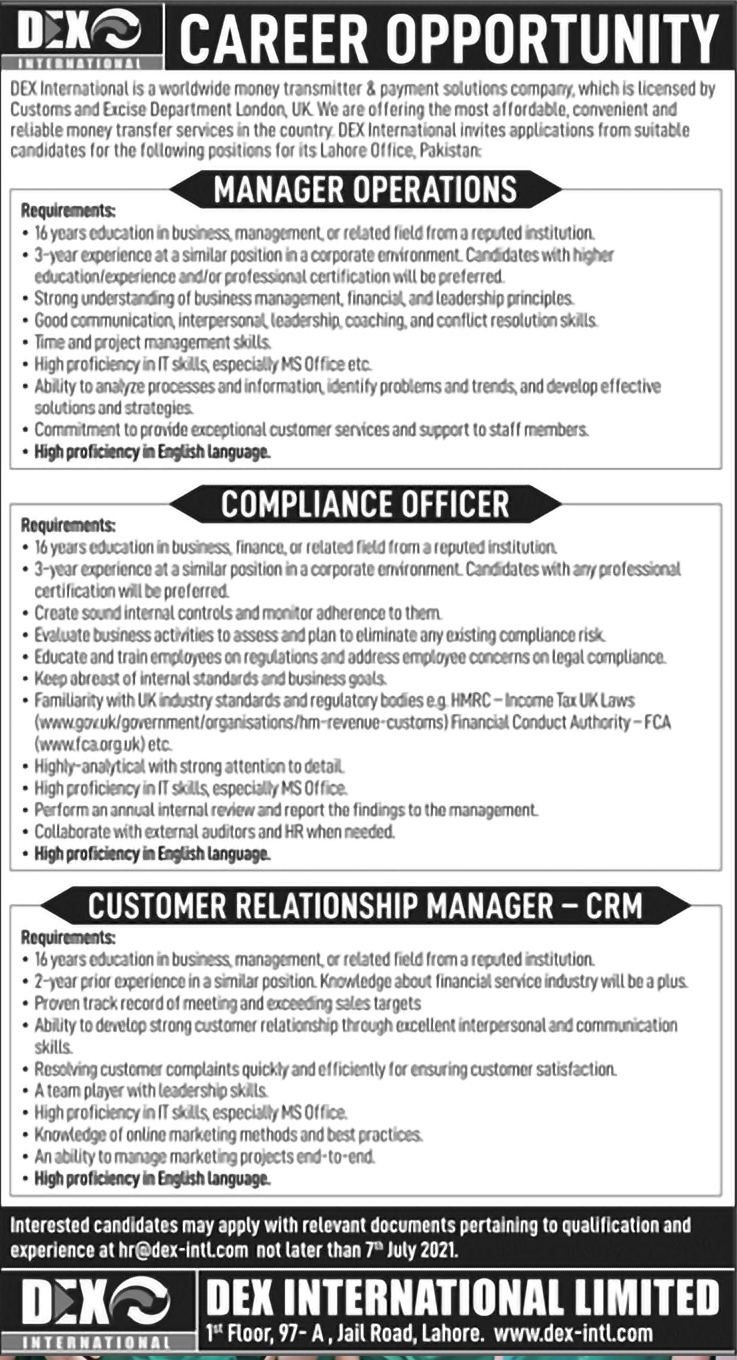 Manager Operations latest Jobs in DEX International Limited, Lahore.