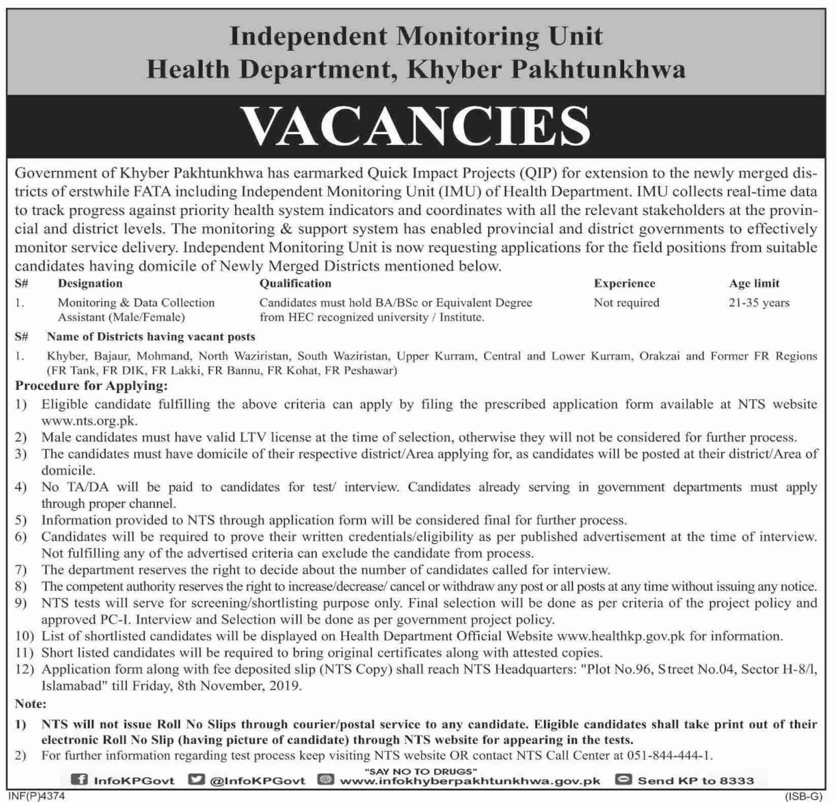 Monitoring & Data Collection Assistant Job In Health Department Peshawar