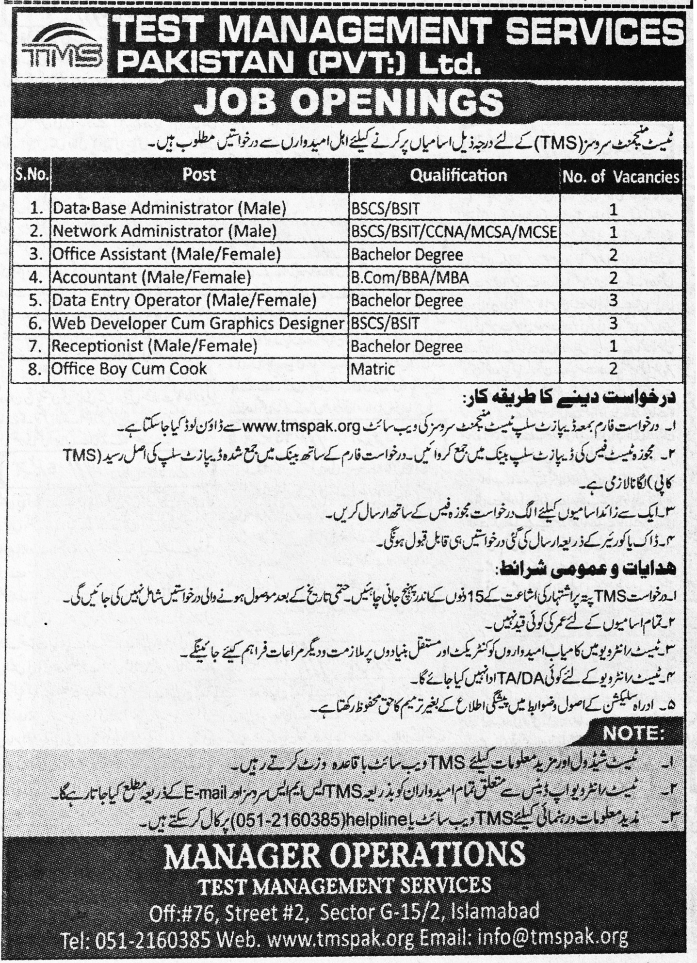 Network Admin,Office Assistant,Database Admin,Receptionist Jobs In Islamabad 