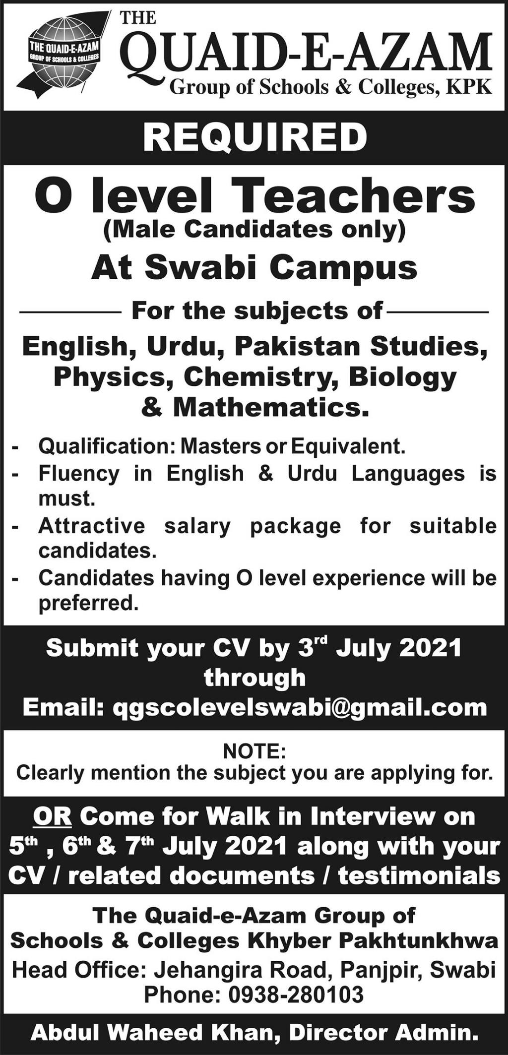 O Level Teacher new Jobs in Quaid e Azam Group of Schools and Colleges in Swabi