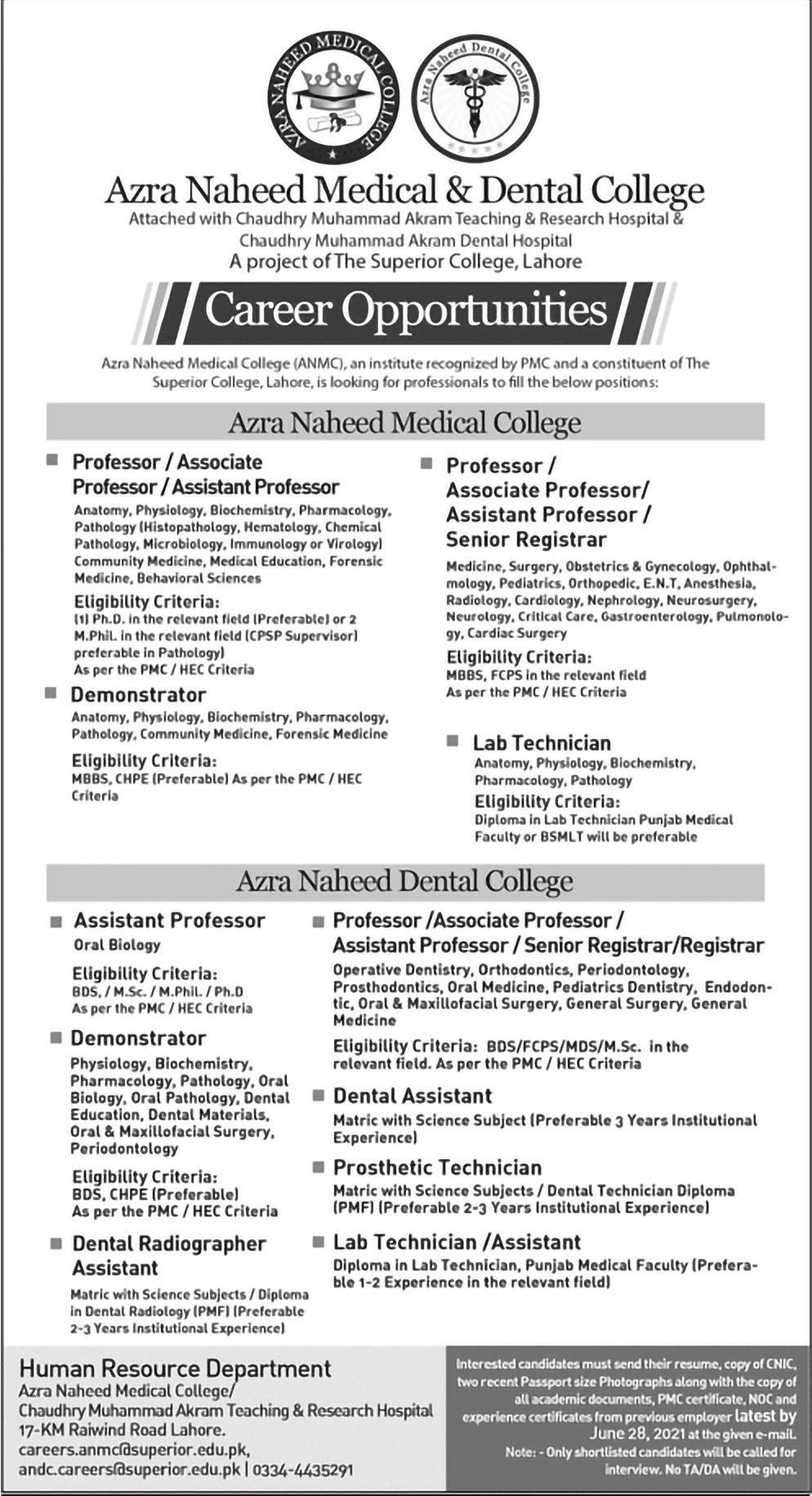 Professor new Jobs in Azrah Naheed Medical and Dental College  Lahore.