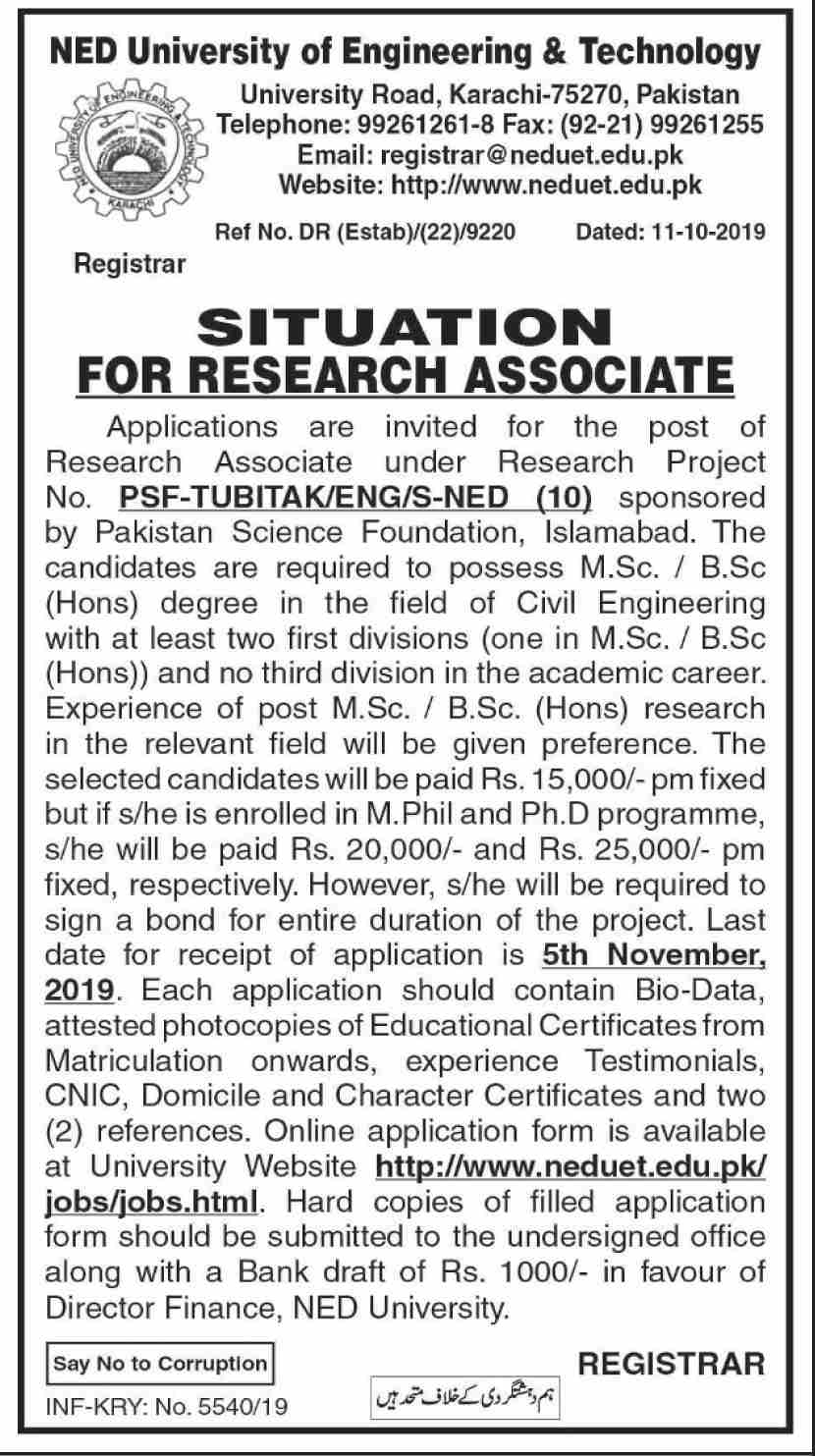 Research Associate job In Ned University Of Engineering & Technology Karachi