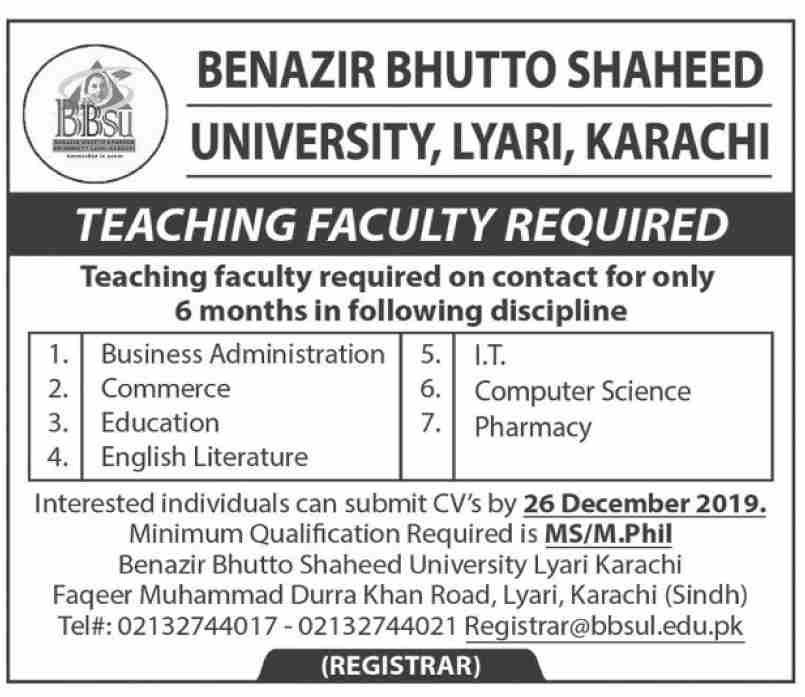Teaching Staff jobs in Benazir Bhutto Shaheed University Karachi