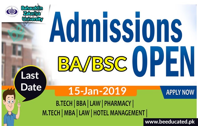 Baha-ud-din Zakriya University Last Date of Admission BA / F.Sc 15 Jan 2019