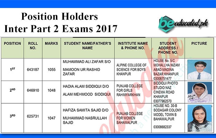 Inter Part 2 Exams 2017 Bahawalpur Board Position Holders announced