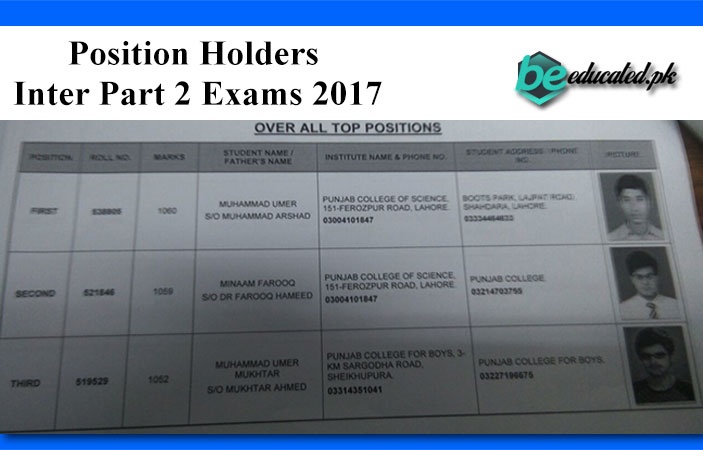 Inter Part 2 Exams 2017 Lahore Board Position Holders announced