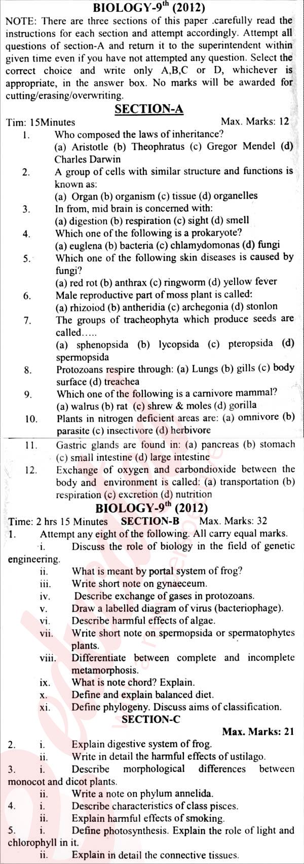 Biology 9th English Medium Past Paper Group 1 BISE Abbottabad 2012