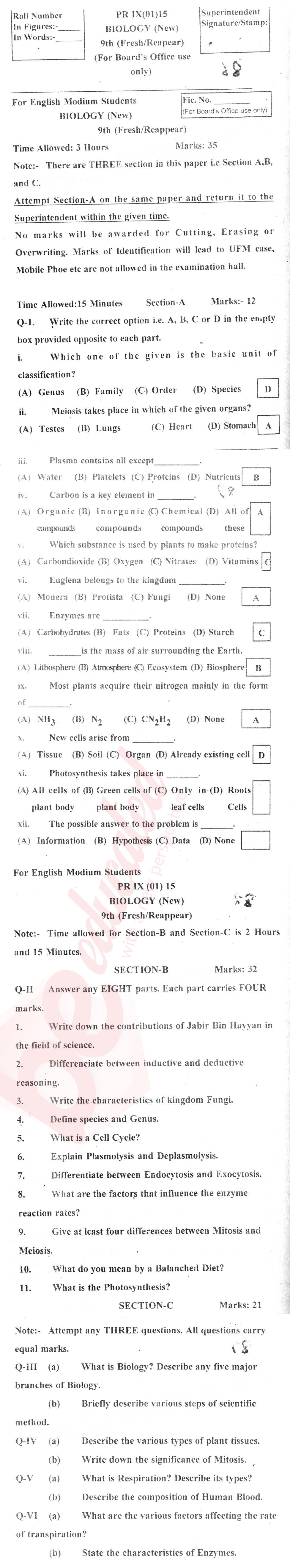 Biology 9th English Medium Past Paper Group 1 BISE Bannu 2015
