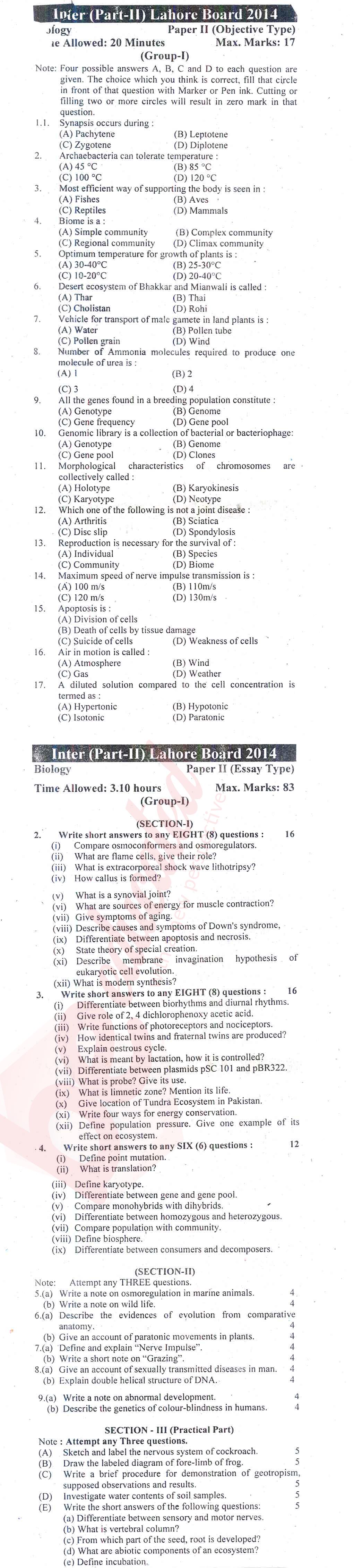 Biology FSC Part 2 Past Paper Group 1 BISE Lahore 2014
