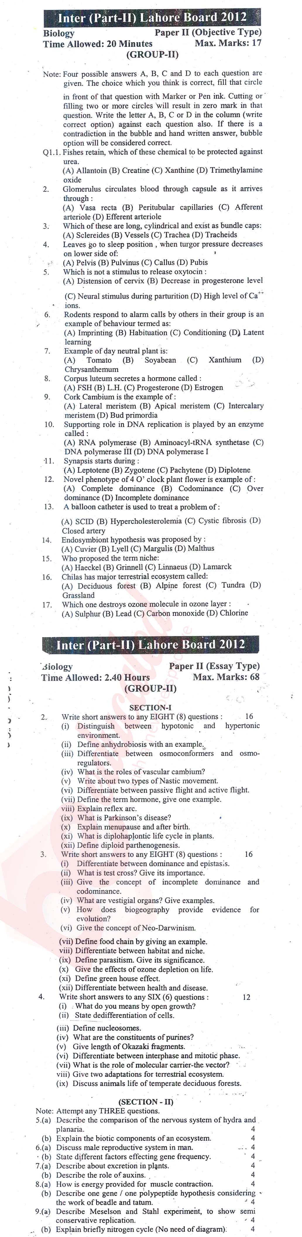 Biology FSC Part 2 Past Paper Group 2 BISE Lahore 2012