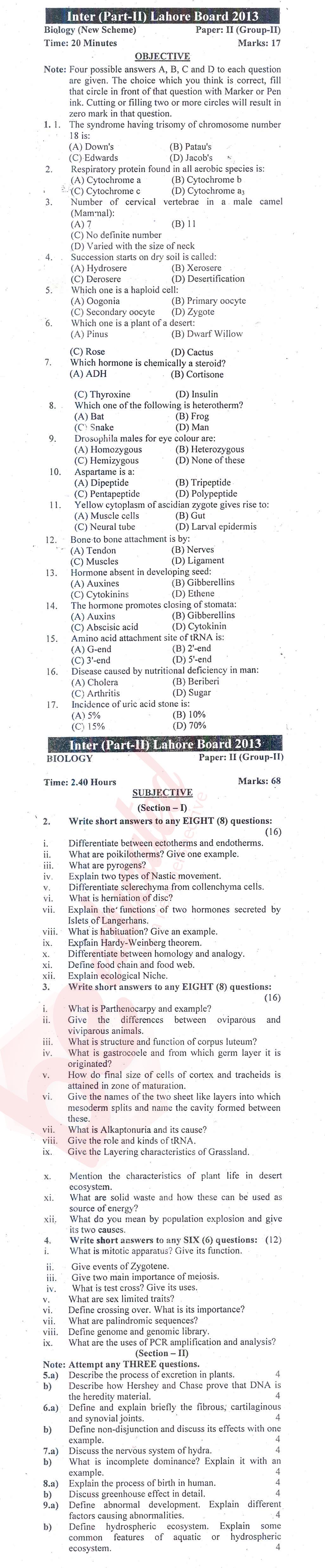 Biology FSC Part 2 Past Paper Group 2 BISE Lahore 2013
