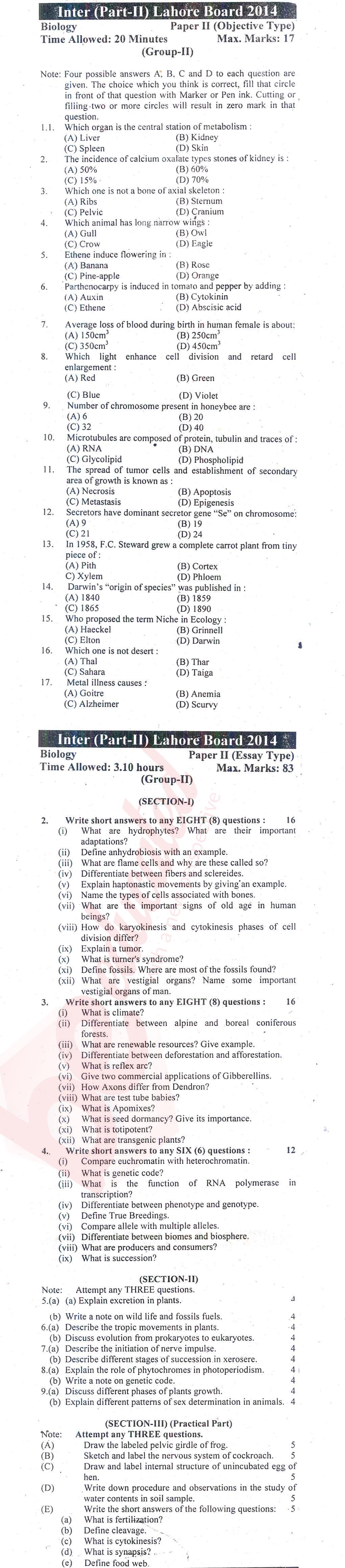 Biology FSC Part 2 Past Paper Group 2 BISE Lahore 2014
