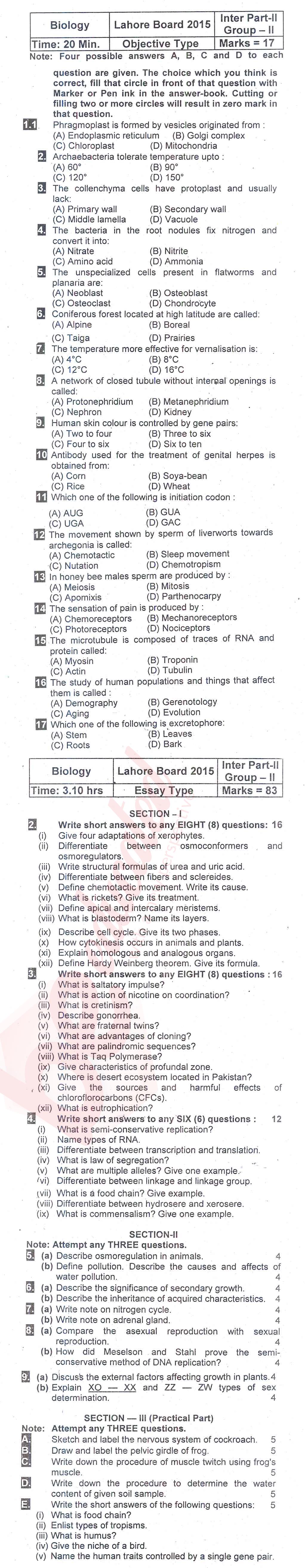 Biology FSC Part 2 Past Paper Group 2 BISE Lahore 2015