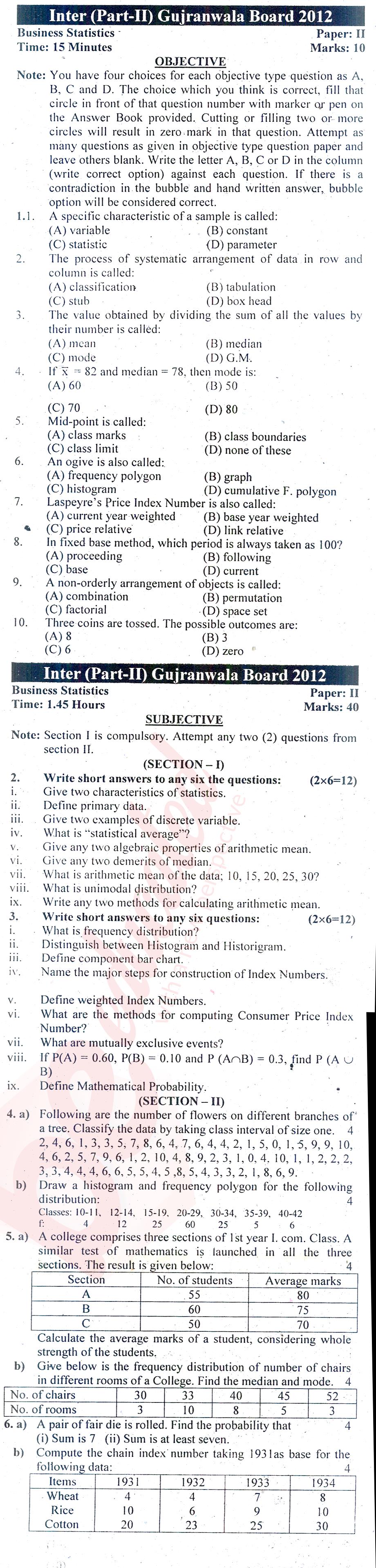 Business Statistics ICOM Part 2 Past Paper Group 1 BISE Gujranwala 2012