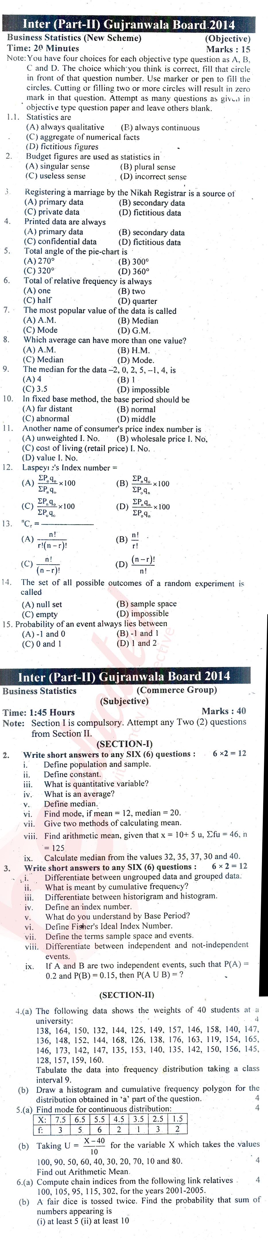 Business Statistics ICOM Part 2 Past Paper Group 1 BISE Gujranwala 2014