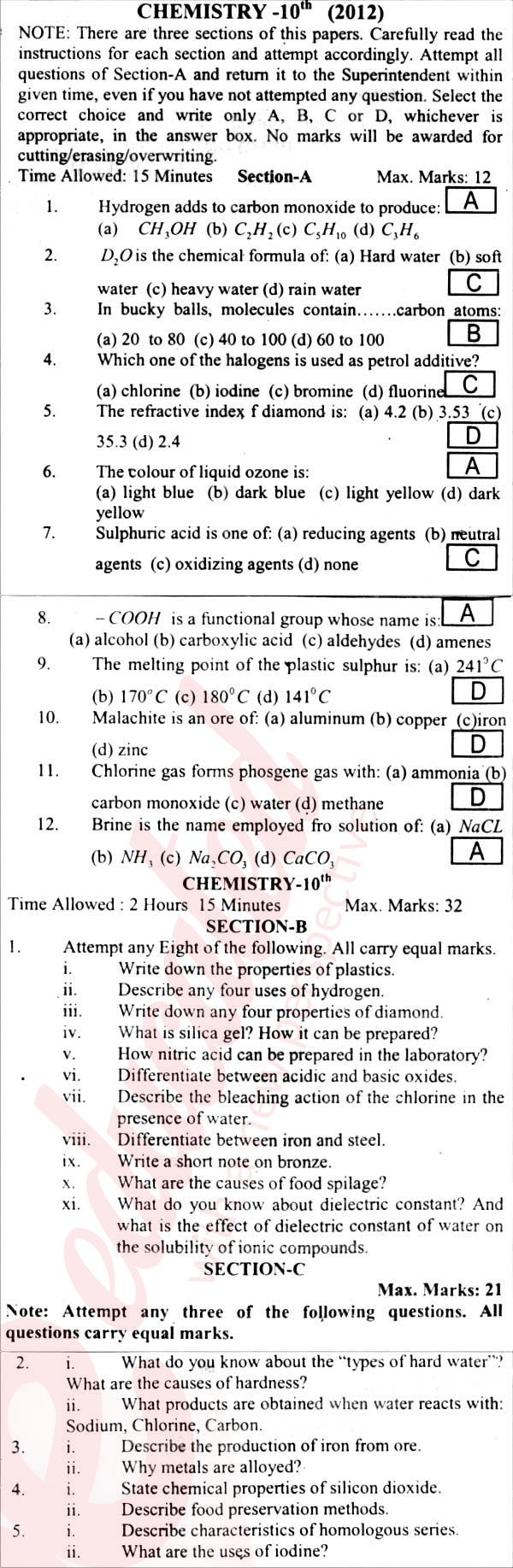 Chemistry 10th English Medium Past Paper Group 1 BISE Abbottabad 2012