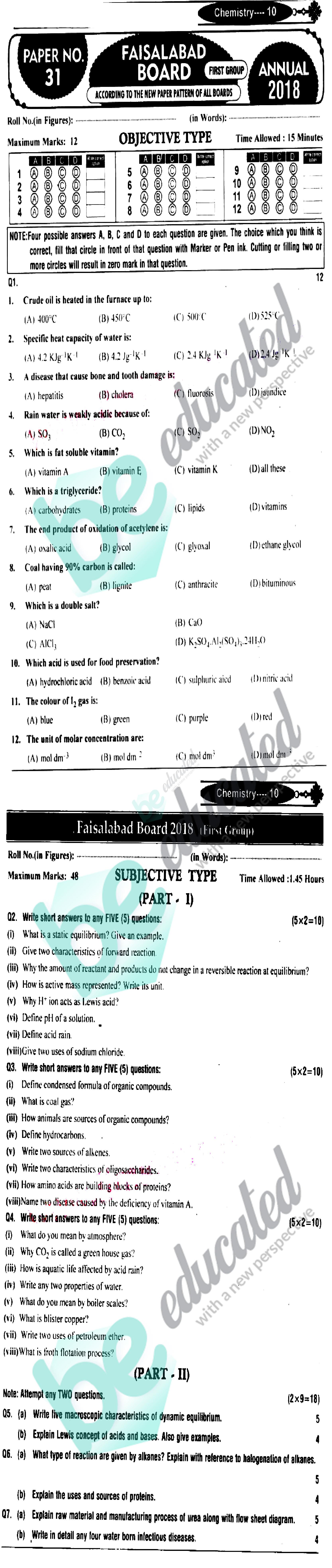 Chemistry 10th English Medium Past Paper Group 1 BISE Faisalabad 2018