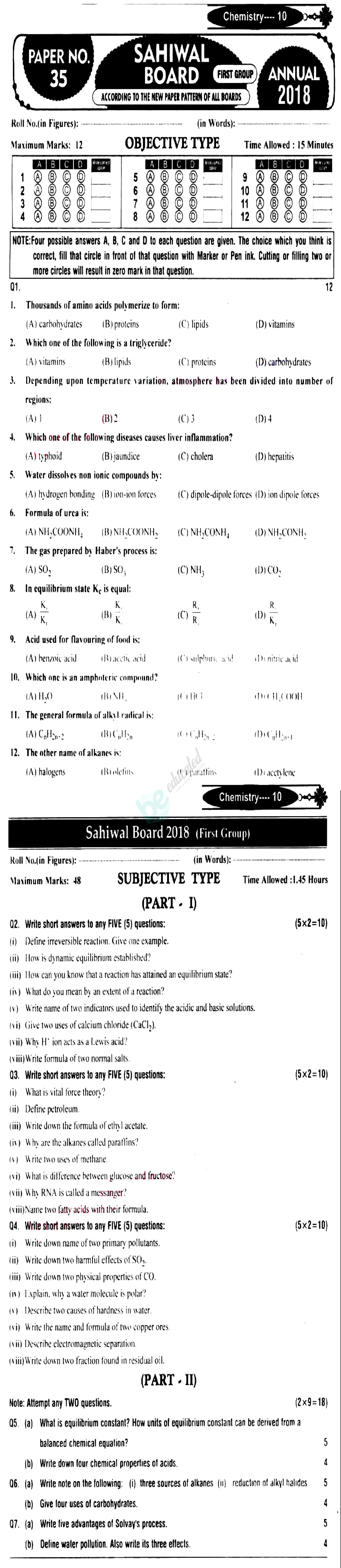 Chemistry 10th English Medium Past Paper Group 1 BISE Sahiwal 2018