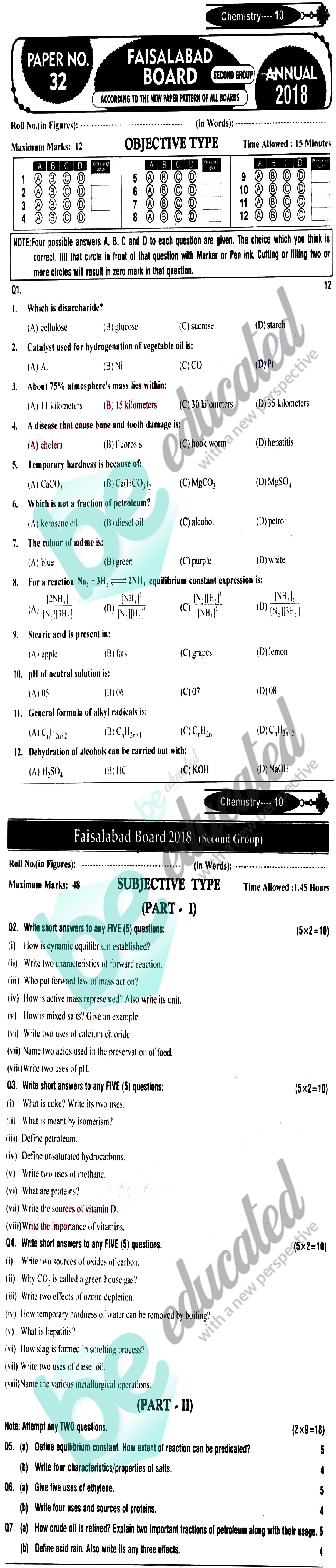 Chemistry 10th English Medium Past Paper Group 2 BISE Faisalabad 2018
