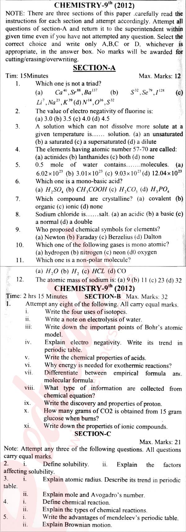 Chemistry 9th English Medium Past Paper Group 1 BISE Abbottabad 2012