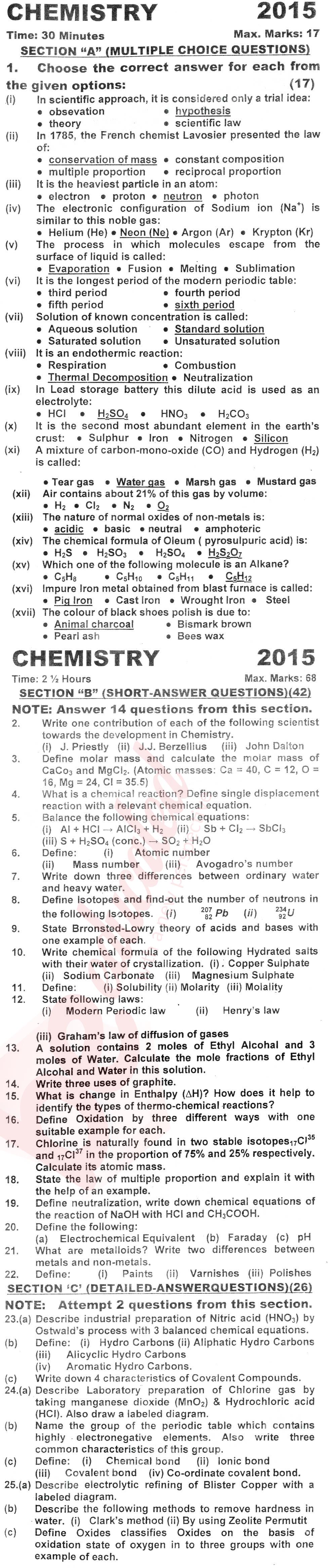 Chemistry 9th English Medium Past Paper Group 1 KPBTE 2015