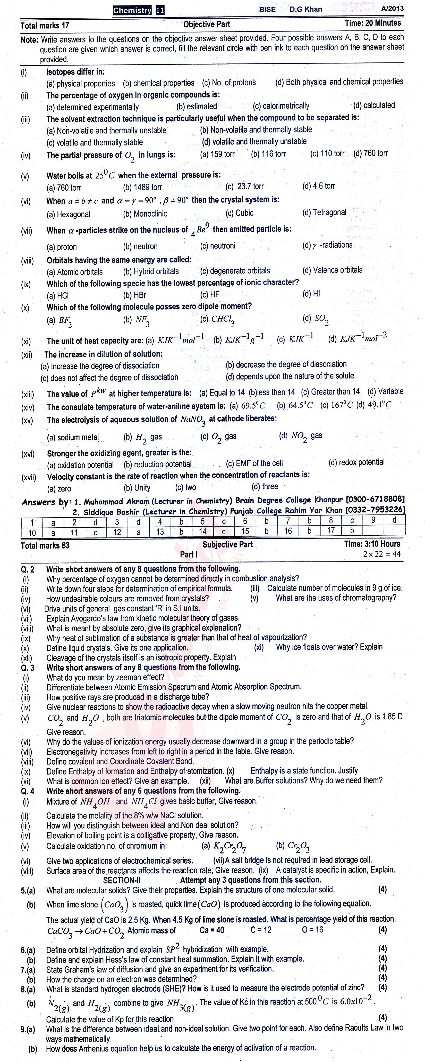 Chemistry FSC Part 1 Past Paper Group 1 BISE DG Khan 2013